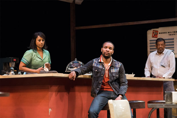 Nicole Lewis (Risa), Carlton Byrd (Sterling), and Eugene Lee (Memphis) in the Seattle Repertory production of Two Trains Running, coming to Arena Stage this spring.