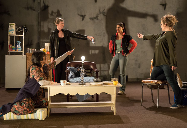 Nadine Malouf, Jessica Love, Nicole Villamil, and Ana Reeder in a scene from queens, directed by Dayna Taymor, at Lincoln Center&#39;s Clair Tow Theater.