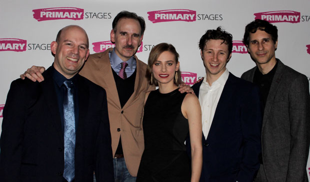 Playwright James Inverne grabs a photo with the cast of A Walk With Mr. Heifetz: Erik Lochtefeld, Mariella Haubs, Adam Green, and Yuval Boim.