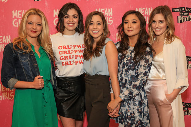 Kate Rockwell, Barrett Wilbert Weed, Erika Henningsen, Ashley Park, and Taylor Louderman, the cast of Mean Girls, meet the press.