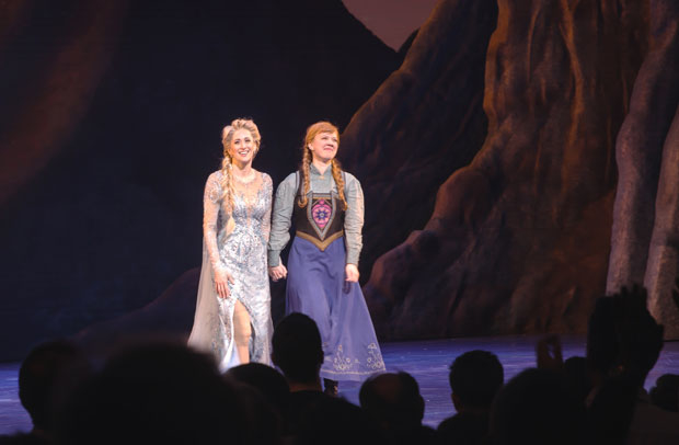 Caissie Levy and Patti Murin take their first bows in Broadway&#39;s Frozen at the St. James Theatre.