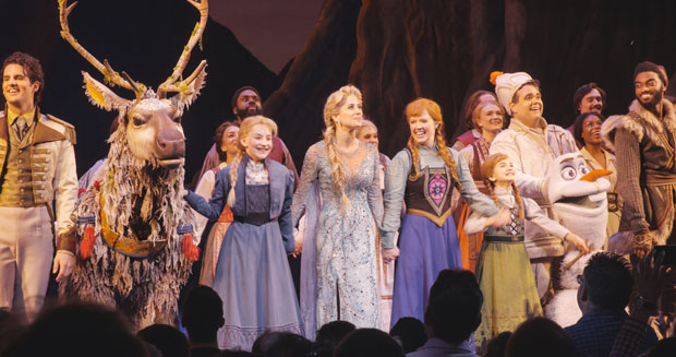 The cast of Frozen takes a bow at curtain call.