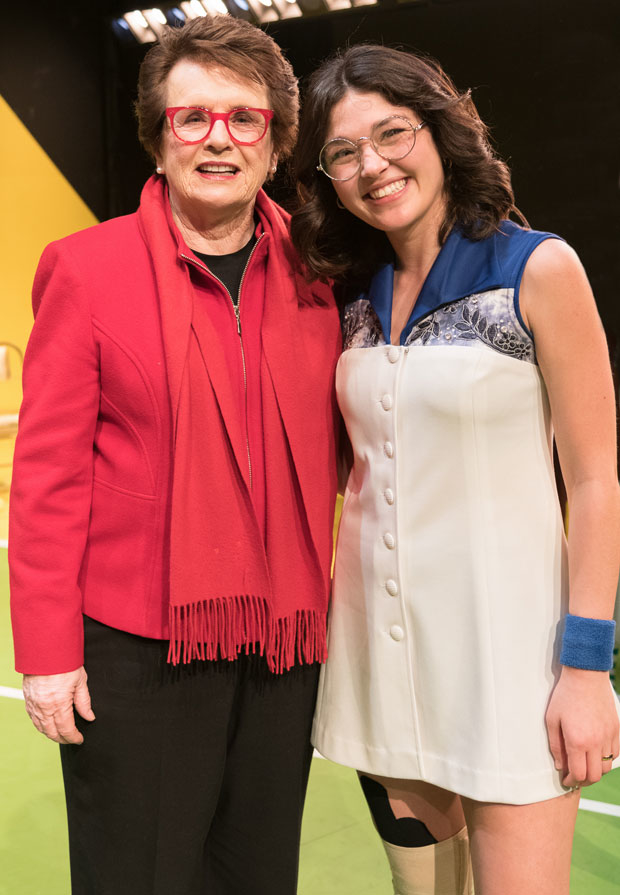 Billie Jean King takes a photo with Ellen Tamaki, who played her in Balls at 59E59 Theaters.