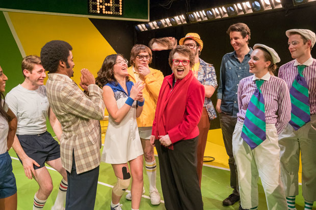 Billie Jean King (in red) and the cast of Balls have a laugh after the performance on Friday, February, 23.
