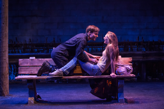 Josiah Bania and Marin Ireland in a scene from Martyna Majok&#39;s Ironbound, directed by Tyne Rafaeli, at the Geffen Playhouse.