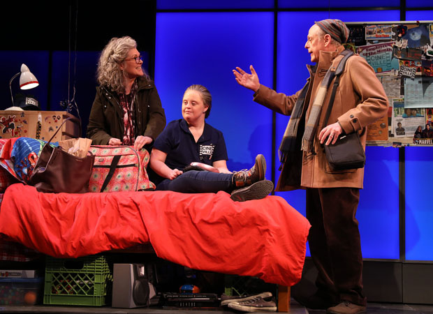 Debra Monk, Jamie Brewer, and Mark Blum in Lindsey Ferrentino&#39;s Amy and the Orphans.