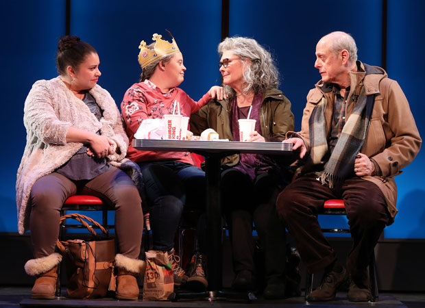 Vanessa Aspillaga, Jamie Brewer, Debra Monk, and Mark Blum in the Roundabout Theatre Company production of Amy and the Orphans.