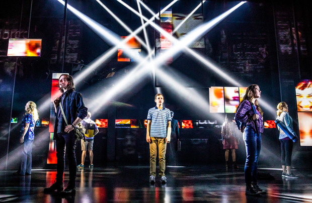 Taylor Trensch (center) leads the cast of Dear Evan Hansen, directed by Michael Greif, at Broadway&#39;s Music Box Theatre.