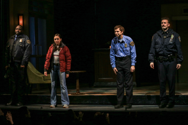 Brian Tyree Henry, Bel Powley, Michael Cera, and Chris Evans take their first set of bows in Lobby Hero at the Helen Hayes Theatre.