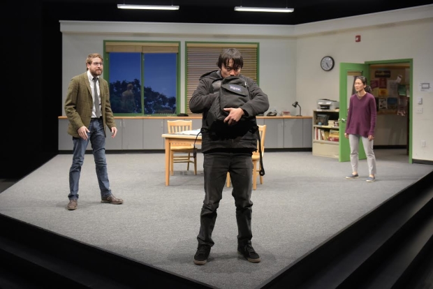 Jeremy Kahn (David), Daniel Chung (Dennis), and Jackie Chung (Gina) in Julia Cho's Office Hour, directed by Lisa Peterson, at Berkeley Repertory Theatre.