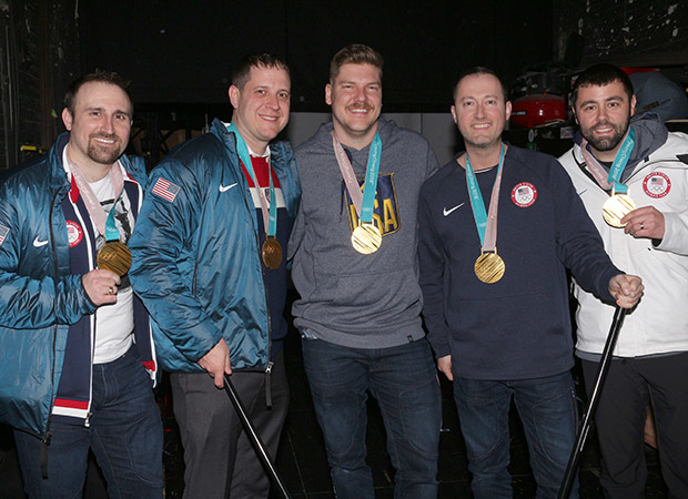The gold medal-winning US Men&#39;s Olympic Curling Team: Joe Polo, John Shuster, Matt Hamilton, Tyler George, and John Landsteiner.