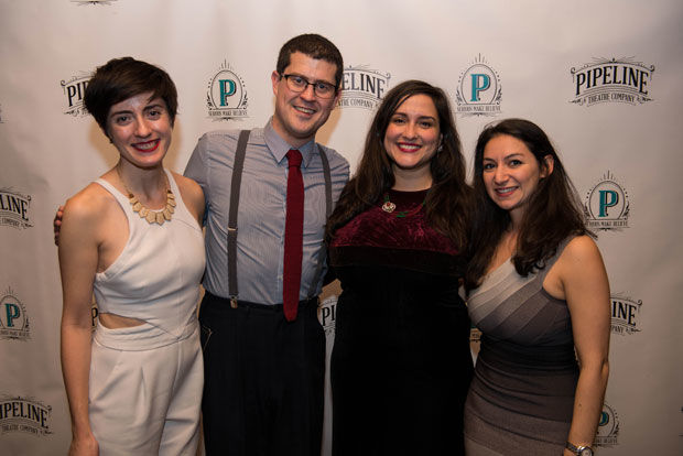 Ariana Schrier, Andrew Neisler, Jaclyn Backhaus, and Natalie Gershtein gather for a photo on opening night of Folk Wandering.