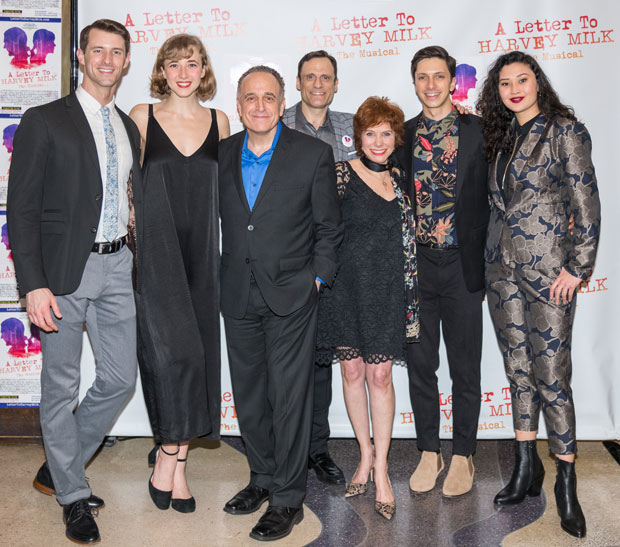 The cast of A Letter to Harvey Milk: C.J. Pawlikowski, Julia Knitel, Adam Heller, Michael Bartoli, Cheryl Stern, Jeremy Greenbaum, and Aury Krebs.