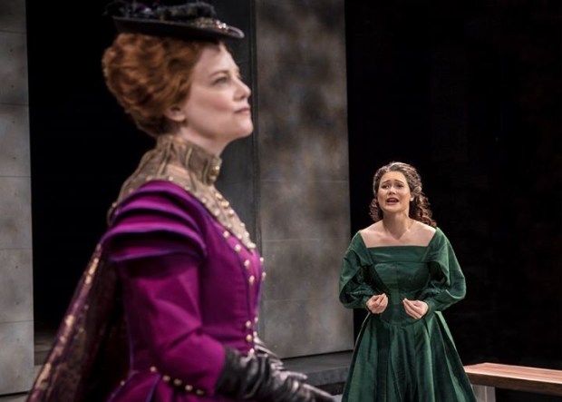 Kellie Overbey as Queen Elizabeth I and K.K. Moggie as Mary, Queen of Scots, in a scene from Mary Stuart, directed by Jenn Thompson, at Chicago Shakespeare Theater.