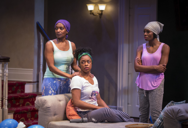 Lily Mojekwu, Ericka Ratcliff, and Tamberla Perry in a scene from Plantation!, directed by David Schwimmer, at Lookingglass Theatre.