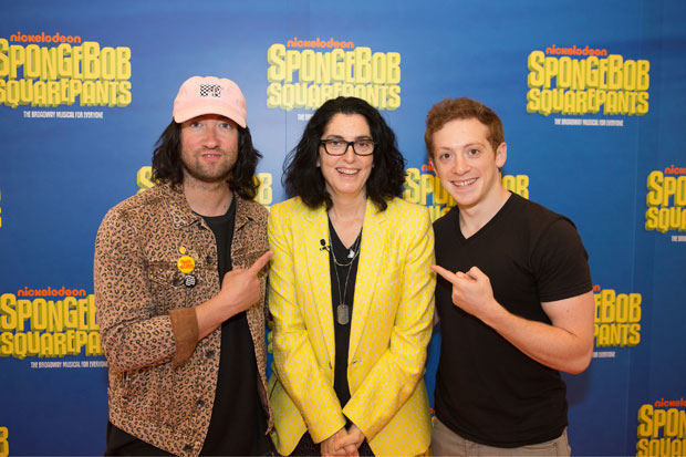 Director Tina Landau (center) with her SpongeBob SquarePants star Ethan Slater and Plain White T&#39;s lead singer Tom Higgenson, who contributes music to the Broadway production. 