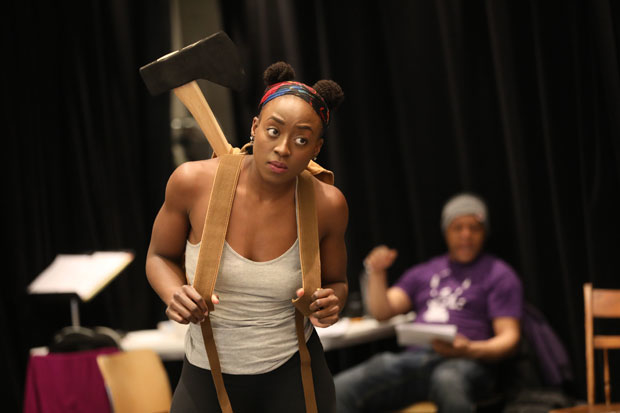 Ito Aghayere (foreground) and Kevin Mambo (background) star in Mlima&#39;s Tale, directed by Jo Bonney, at the Public Theater.