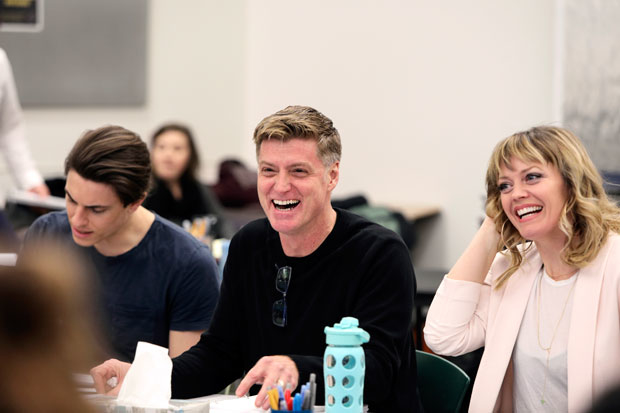 Derek Klena, Sean Allen Krill, and Elizabeth Stanley in rehearsals for Jagged Little Pill at American Repertory Theater.