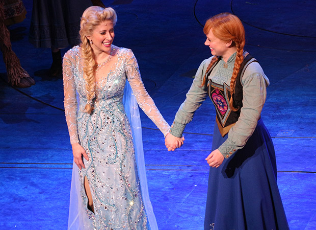 Caissie Levy and Patti Murin come out for their curtain call as Frozen opens.