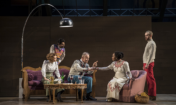 Rebecca Hurd (Petra), Jesse Bhamrah (Billing), Philip Earl Johnson (Thomas Stockmann), Lanise Antoine Shelley (Katherine), and Aubrey Deeker Hernandez (Hovstad) in Henrik Ibsen&#39;s An Enemy of the People, adapted and directed by Robert Falls at the Goodman Theatre.