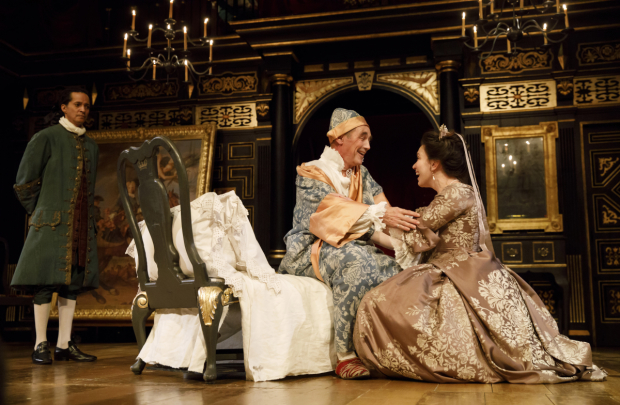 Huss Garbiya, Mark Rylance, and Melody Grove in a scene from Farinelli and the King at Broadway&#39;s Belasco Theatre.