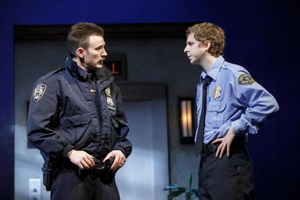 Chris Evans and Michael Cera star in the Broadway revival of Kenneth Lonergan&#39;s Lobby Hero, directed by Trip Cullman, for Second Stage at the Hayes Theater.
