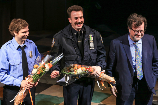 Michael Cera, Chris Evans, and Kenneth Lonergan take a bow as Lobby Hero opens on Broadway.