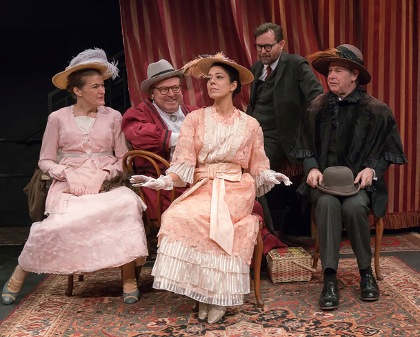 Annabel Capper, Edmund Lewis, Vaishnavi Sharma, Eric Tucker, and Nigel Gore in a scene from the Bedlam production of George Bernard Shaw&#39;s Pygmalion, directed by Tucker, at the Sheen Center.