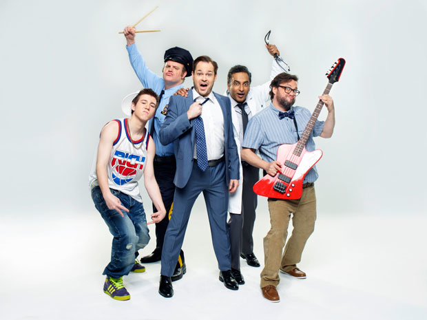 Sawyer Nunes, Paul Whitty, Mitchell Jarvis, Manu Narayan, and Jay Klaitz star in Gettin&#39; the Band Back Together, directed by John Rando, at Broadway&#39;s Belasco Theatre.