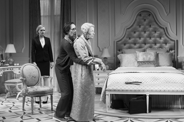 C (Alison Pill) looks on in horror as B (Laurie Metcalf) helps A (Glenda Jackson) return from the bathroom in Three Tall Women.