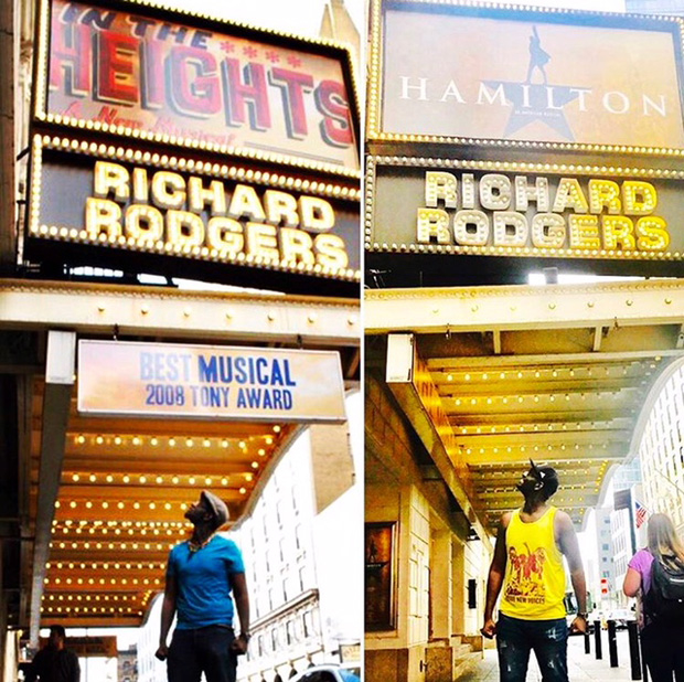 Carvens Lissaint took this photo under the marquee of In the Heights at the Richard Rodgers Theatre eight years ago; now he passes under the same awning every day on his way to work at Hamilton.