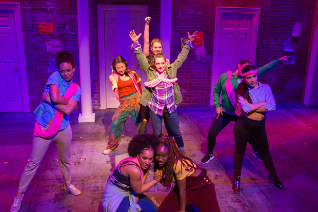Malena Pennycook (center) leads the cast of the Q Brothers Collective&#39;s ms. estrada, directed by Michelle Tattenbaum and featuring the Bats, at the Flea Theater.