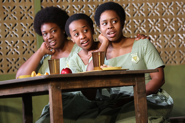 Abena Mensah-Bonsu, Mirirai Sithole, and Paige Gilbert in MCC&#39;s world-premiere production of School Girls; Or, the African Mean Girls Play at MCC Theater.