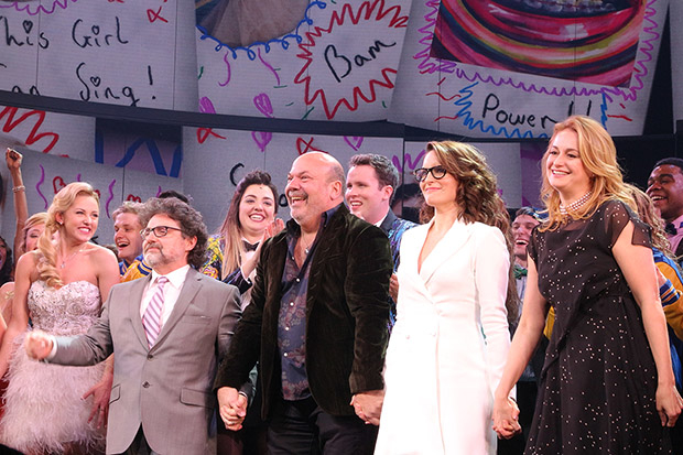 Jeff Richmond, Casey Nicholaw, Tina Fey, and Nell Benjamin take a bow as Mean Girls opens on Broadway.