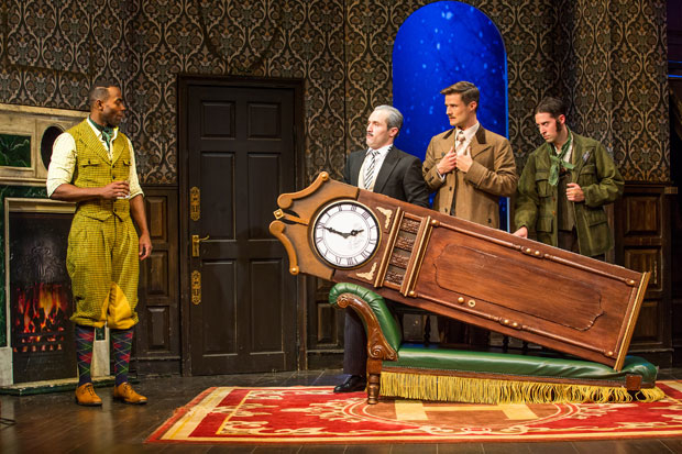 Clifton Duncan, Harrison Unger, Mark Evans, and Alex Mandell in a scene from The Play That Goes Wrong. 