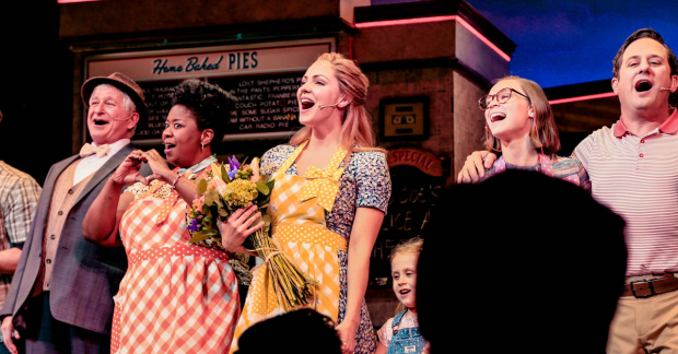 The cast of Waitress takes a bow with new star Katharine McPhee after her debut performance.