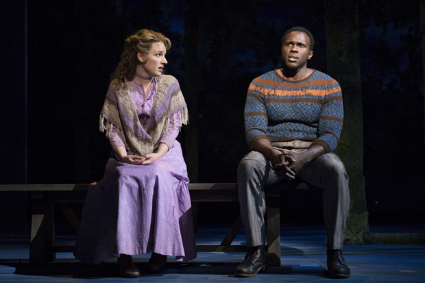 Jessie Mueller and Joshua Henry as Julie Jordan and Billy Bigelow in the bench scene from Rodgers and Hammerstein&#39;s Carousel, directed by Jack O&#39;Brien, at the Imperial Theatre.
