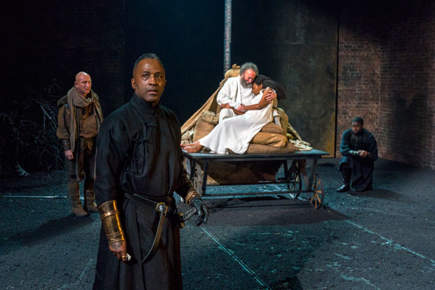 Clarence Smith (forefront) plays the Duke of Albany. Antony Byrne (left) plays the Earl of Kent looking on the sad scene of Lear and his daughter Cordelia.