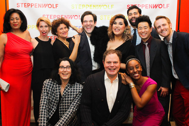 The company of The Doppelgänger (An International Farce) celebrate opening night of the world premiere production at Steppenwolf Theatre.