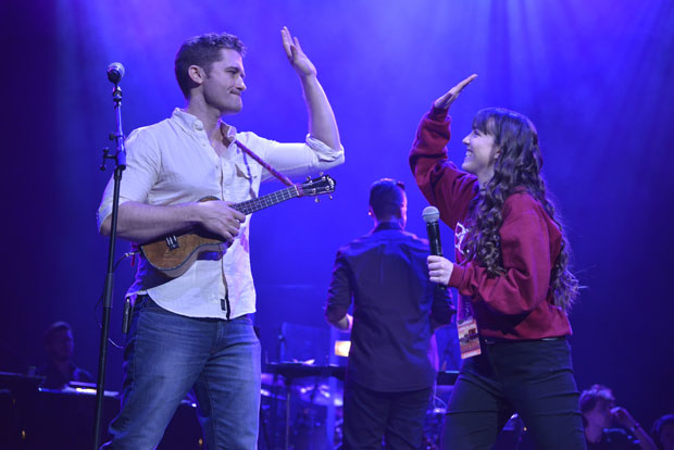 Matthew Morrison and Kali Clougherty high five after a performance of &quot;Somewhere Over the Rainbow&quot;.