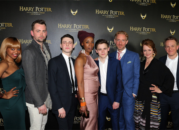 The stars of Harry Potter and the Cursed Child: Susan Heyward (Rose Granger-Weasley), Alex Price (Draco Malfoy), Anthony Boyle (Scorpius Malfoy), Noma Dumezweni (Hermione Granger), Sam Clemmett (Albus Potter), Paul Thornley (Ron Weasley), Poppy Miller (Ginny Potter), and Jamie Parker (Harry Potter).
