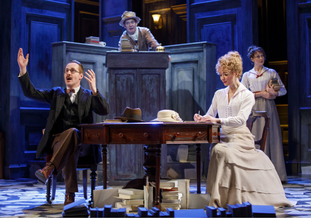 Peter McDonald, Tom Hollander, Scarlett Strallen, and Sara Topham in a scene from Roundabout Theatre Company&#39;s revival of Travesties, opening tonight, at the American Airlines Theatre.