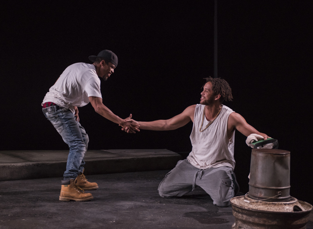 Jon Michael Hill (Moses) and Julian  Parker (Kitch) in Steppenwolf&#39;s world  premiere production of Pass Over in 2017.