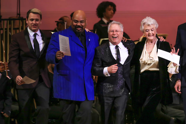 Michael Arden, James Monroe Iglehart, and Angela Lansbury (right) celebrate with Alan Menken at the New York Pops 35th Birthday Gala.