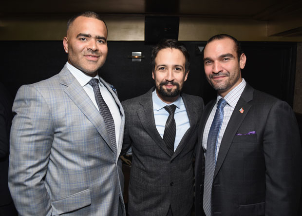 Lin-Manuel Miranda (center) celebrated his Monte Cristo Award with Hamilton costars Chris Jackson and Javier Muñoz.