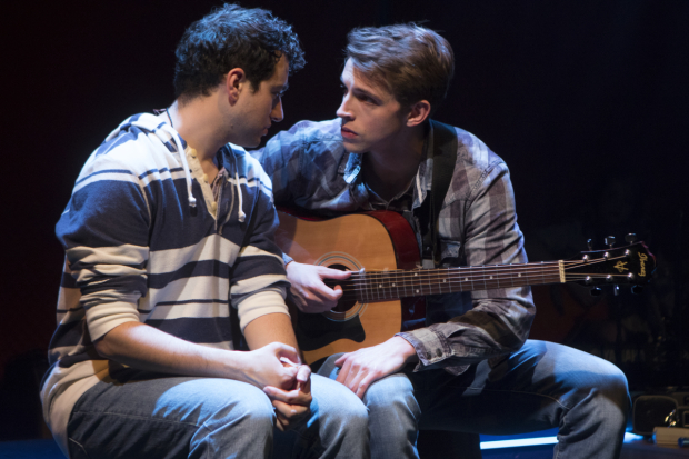 Jimmy Mavrikes (Will) and Lukas James  Miller (Mike) in Girlfriend, directed by Matthew Gardiner, at Signature Theatre.