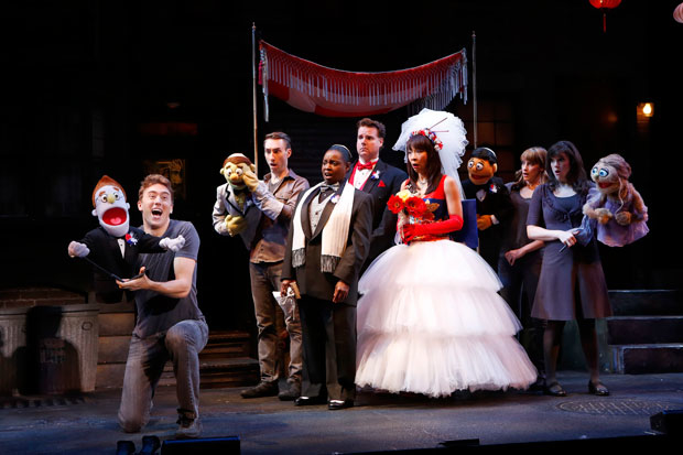 The cast of Avenue Q, now running at New World Stages.