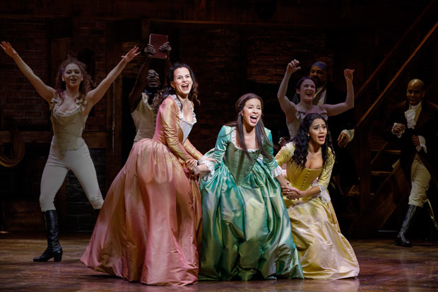 Mandy Gonzalez, Lexi Lawson, and Joanna A. Jones in the current Broadway cast of Hamilton at the Richard Rodgers Theatre.