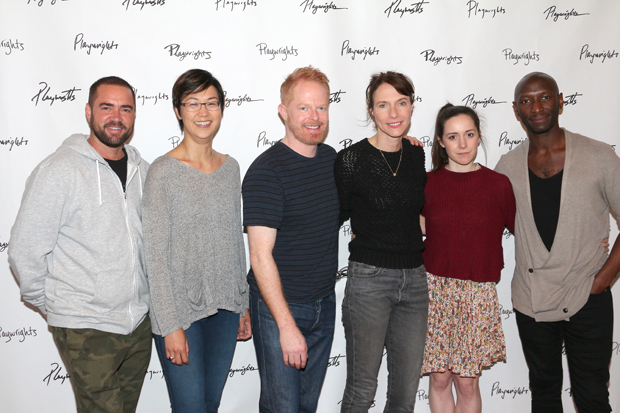 The cast of Log Cabin: Ian Harvie, Cindy Cheung, Jesse Tyler Ferguson, Dolly Wells, Talene Monahon, and Phillip James Brannon.