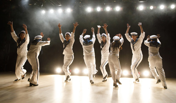 The cast performs a sailor-themed dance routine in the opening moments of Clare Barron&#39;s Dance Nation, directed and choreographed by Lee Sunday Evans, at Playwrights Horizons.